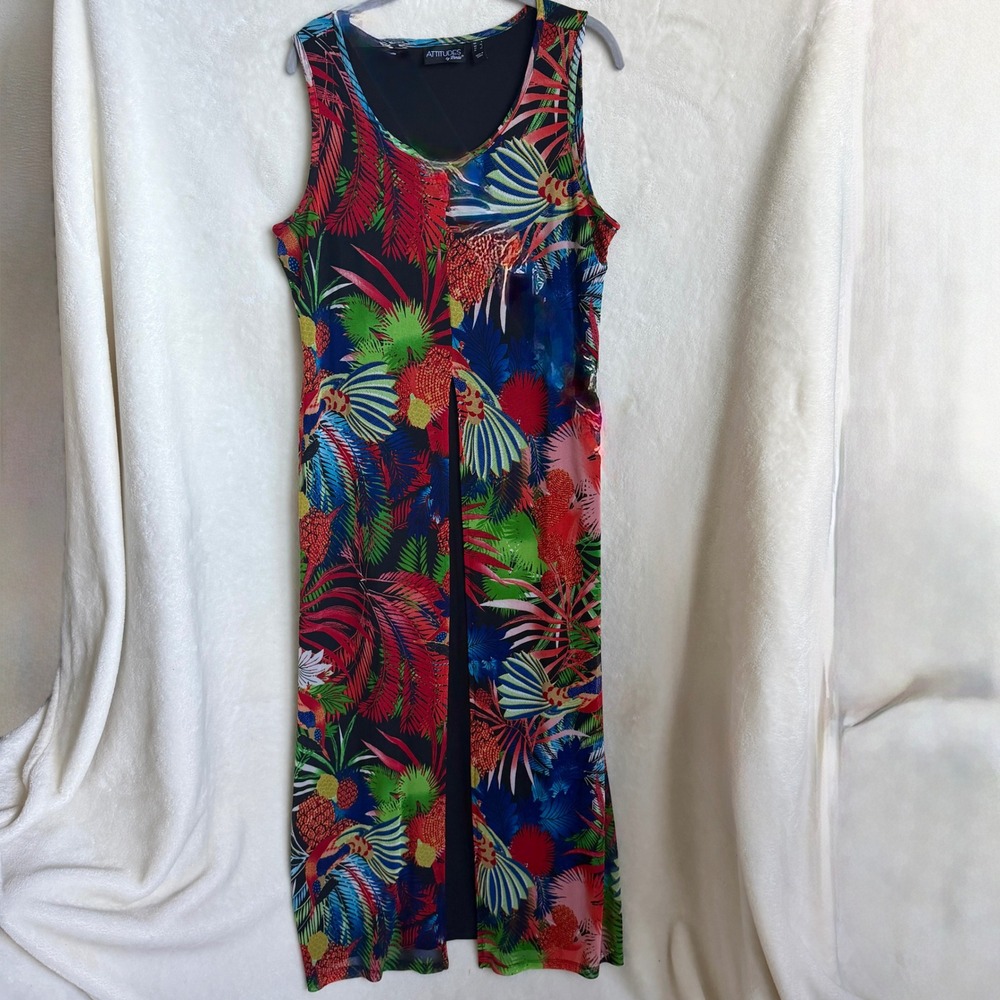 Attitudes by Renee Womens Tropical Jungle Print Front Slit Maxi Dress Size L